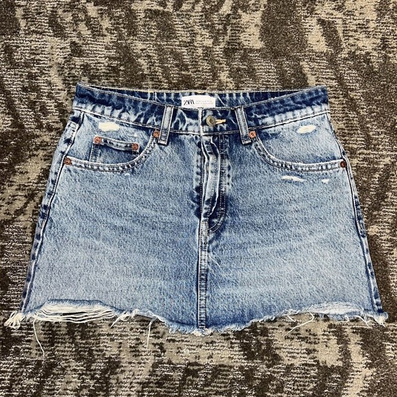 Zara Dresses & Skirts - ZARA Distressed Denim Mini Skirt Jean Skirt Size Small Lightwash